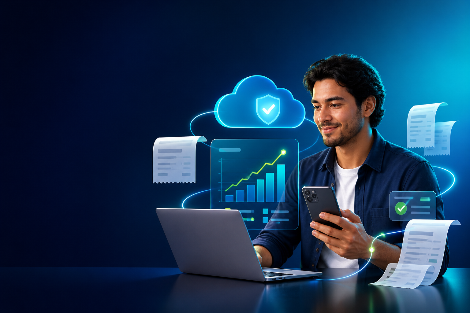 Persona administrando facturas y ventas desde una laptop y un celular